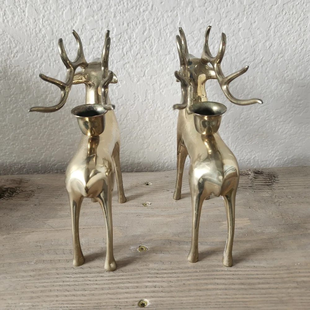 Lot of 2 Pottery Barn Brass Reindeer Candle Holders - Heavy Brass